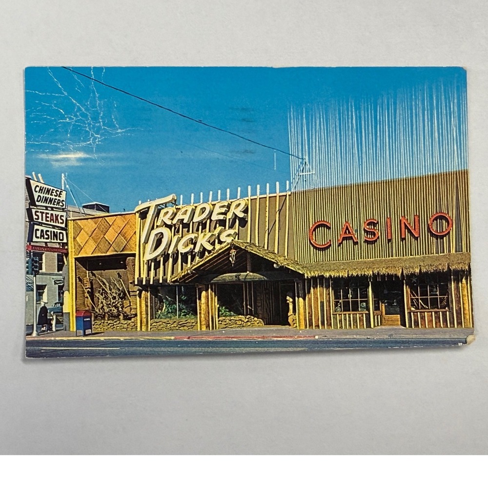 Vintage Trader Dicks Casino Postcard Sparks Nevada Tiki Moai Plastichrome 1961